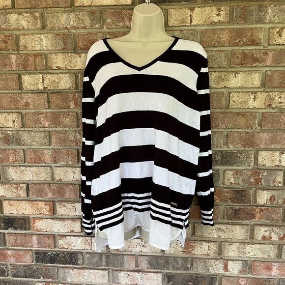 Calvin Klein Womens Striped V-Neck Long Sleeve Pullover Knit Sweater Black Large - Picture 1 of 2